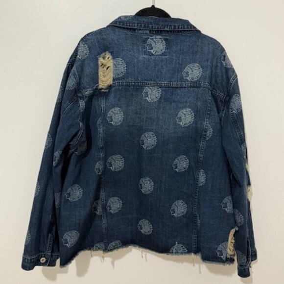 Lucky & Blessed L & B Blue Denim Jean Jacket Distressed Indian Head Print 2XL - Picture 3 of 6